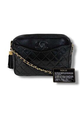 Chanel Quilted Chain Shoulder Bag with Tassel Charm CC Logo Black Lambskin